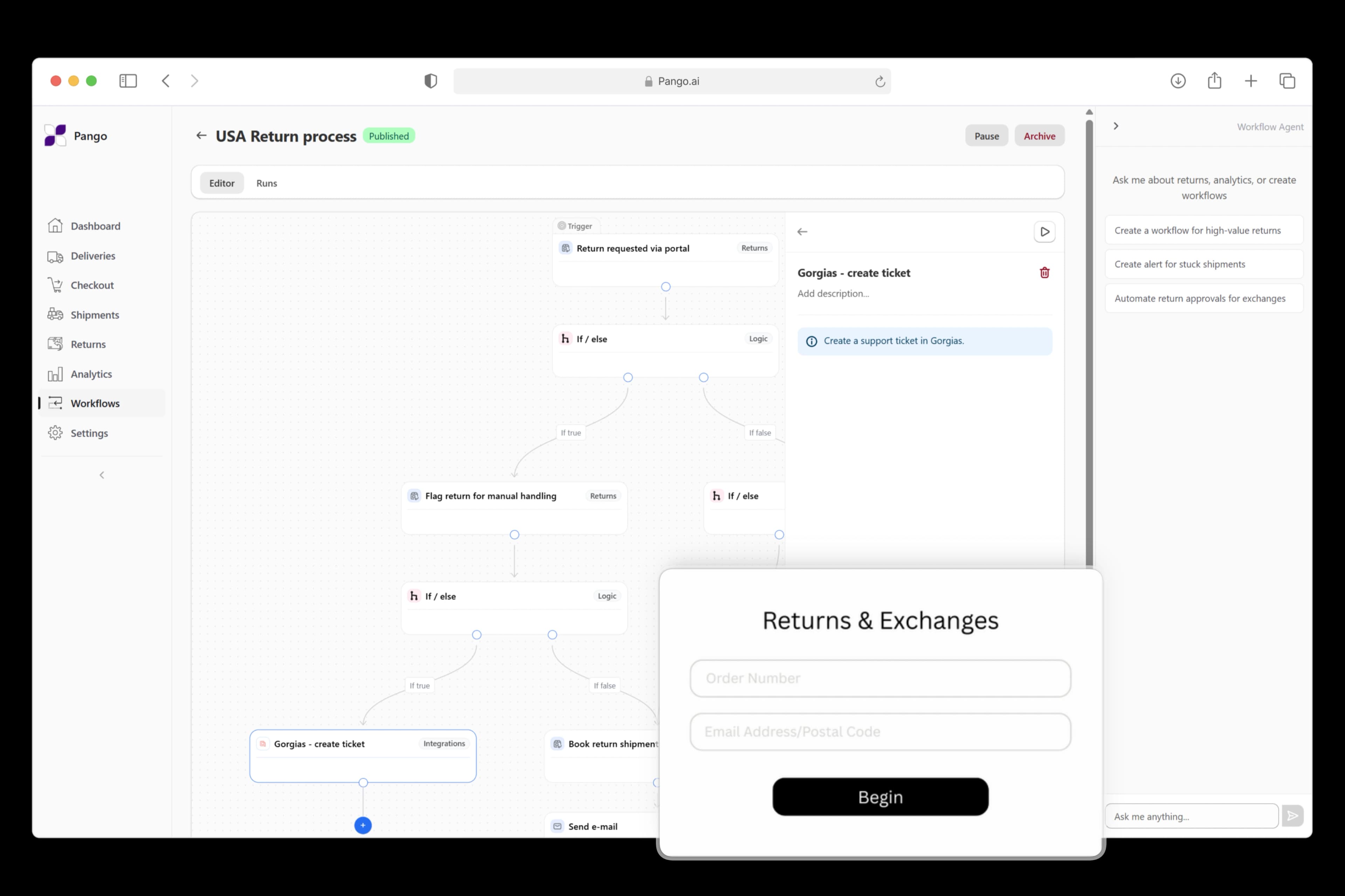 The Pango returns workflow builder showing automated logic rules for customer support ticket creation and routing.