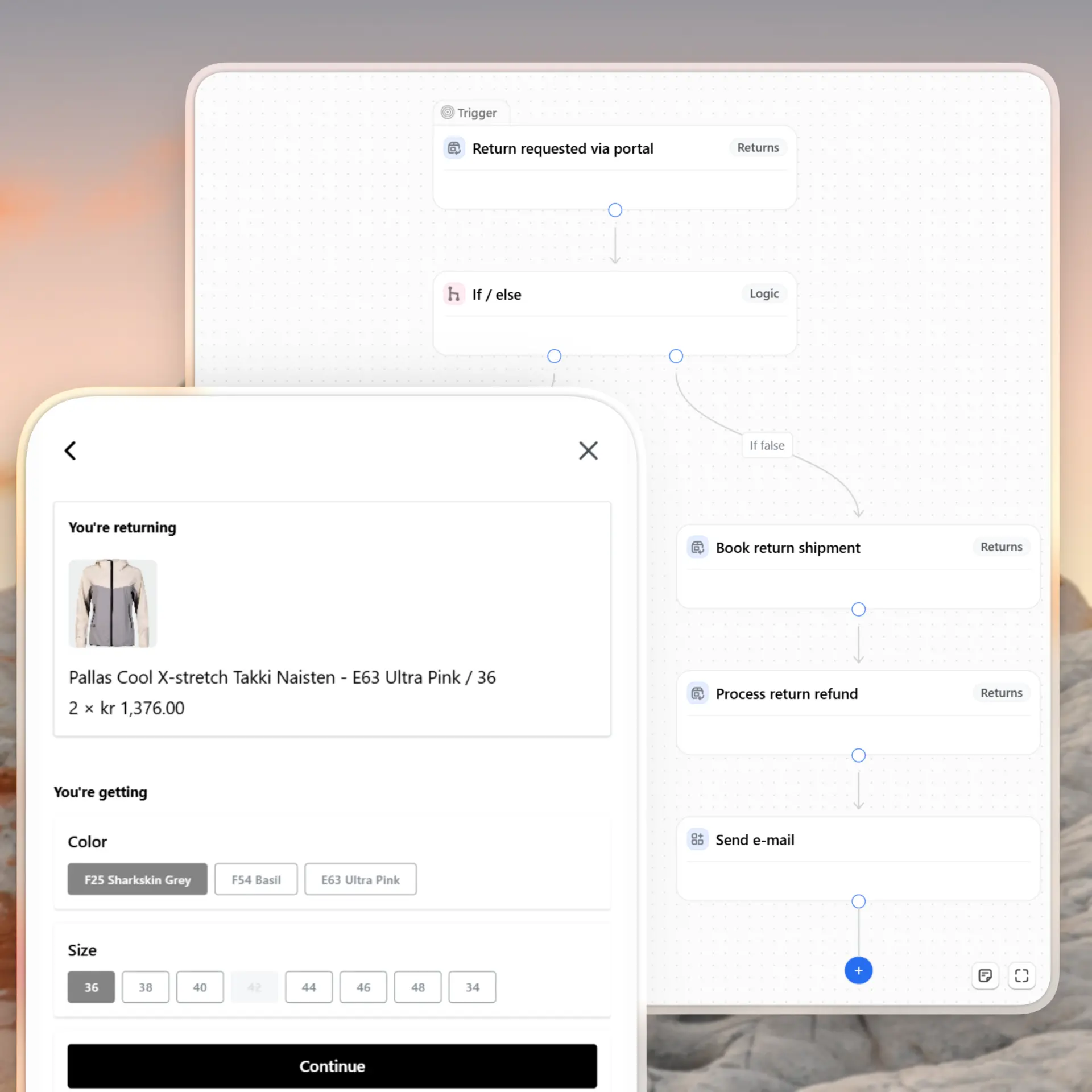 Pango's AI assistant widget suggesting automated post-purchase workflows like creating new return rules.