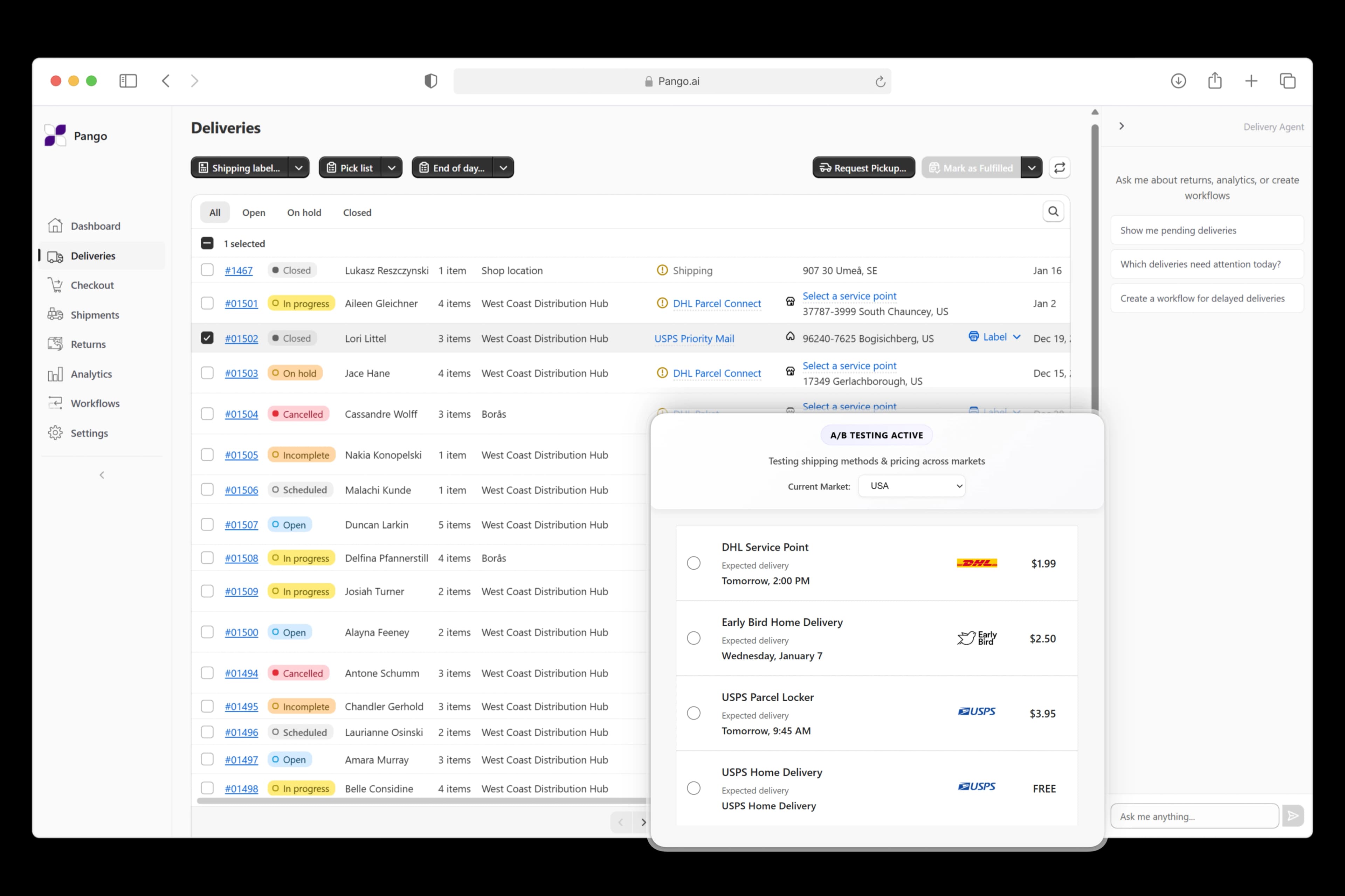 The Pango delivery management dashboard showing live shipping methods, A/B pricing tests, and carrier options.