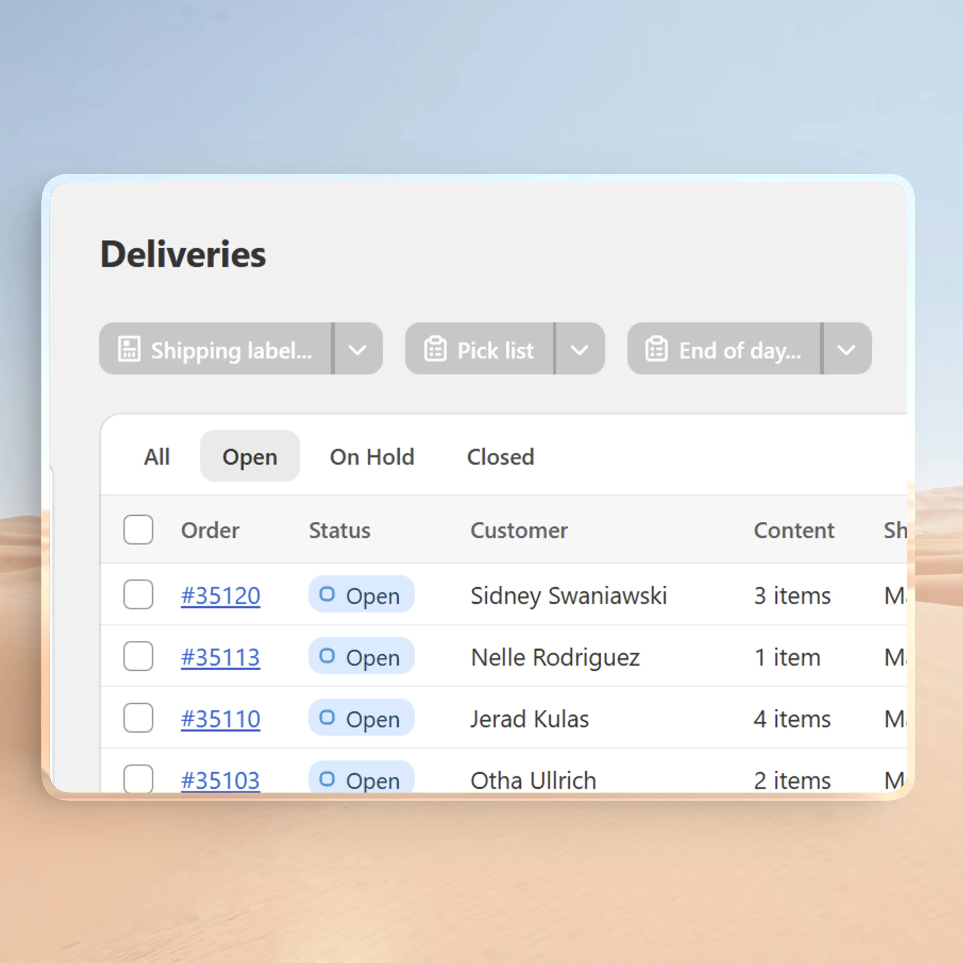 Pango dashboard interface for managing open deliveries and printing shipping labels.