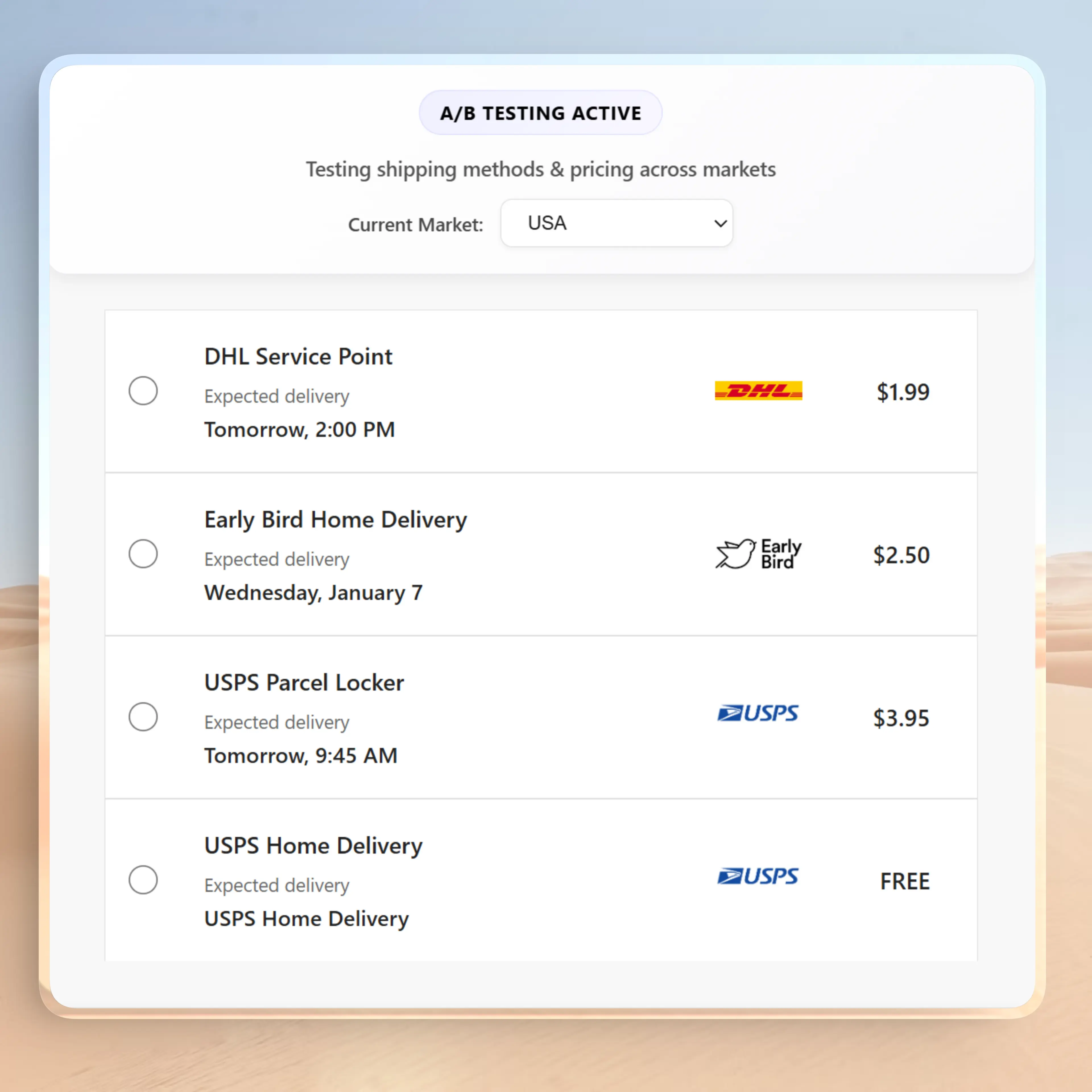 E-commerce checkout interface displaying optimized delivery options and carrier rates like DHL and USPS.