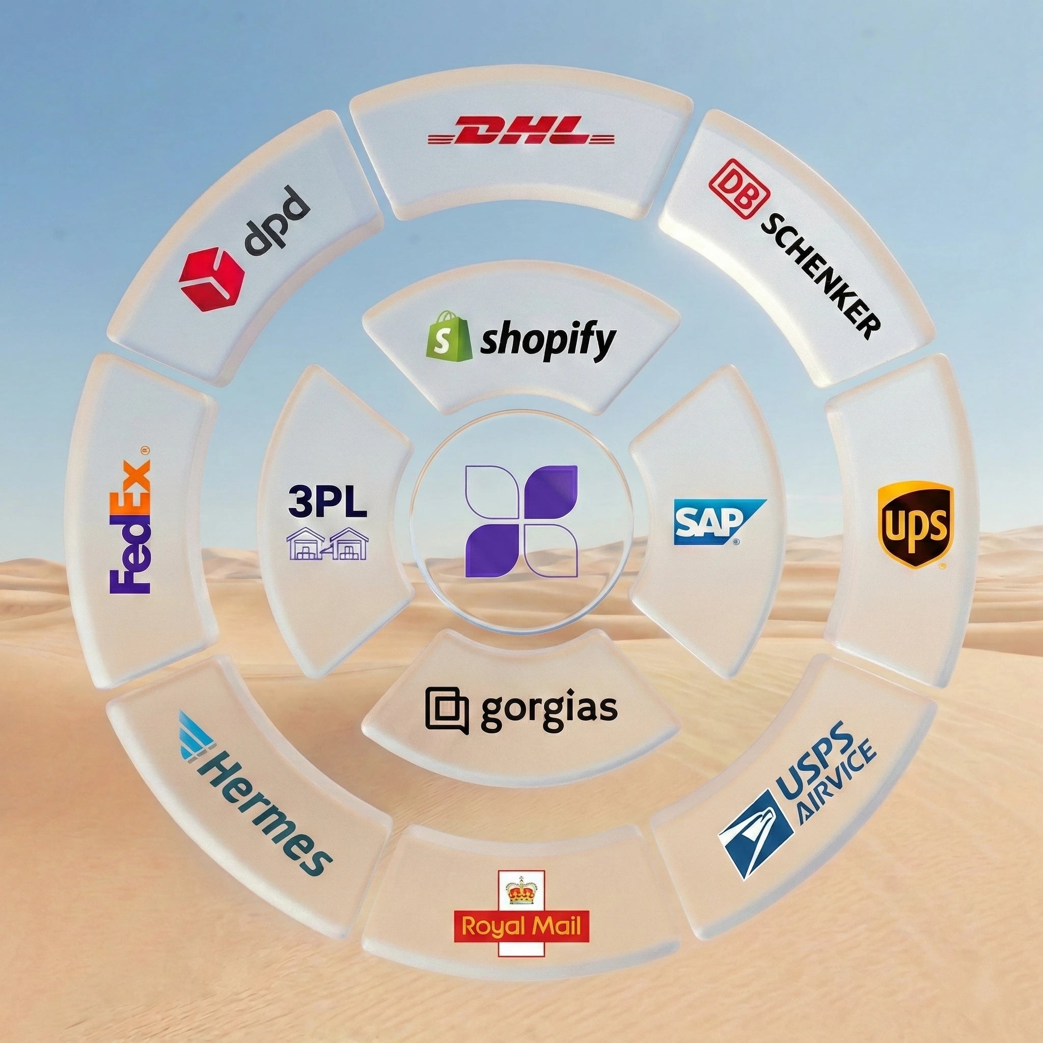 Diagram showing Pango integrating with e-commerce tools like Shopify, FedEx, SAP, and Gorgias.
