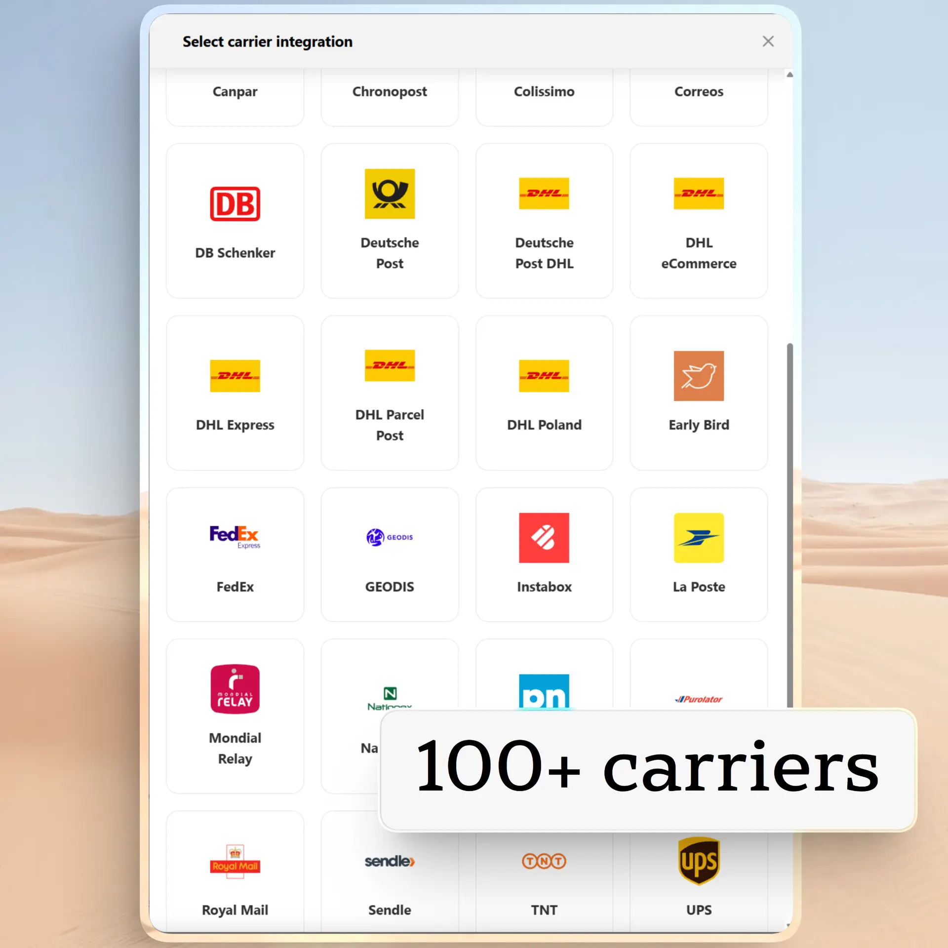 Grid showcasing over 100 global shipping carrier integrations available on the Pango platform.
