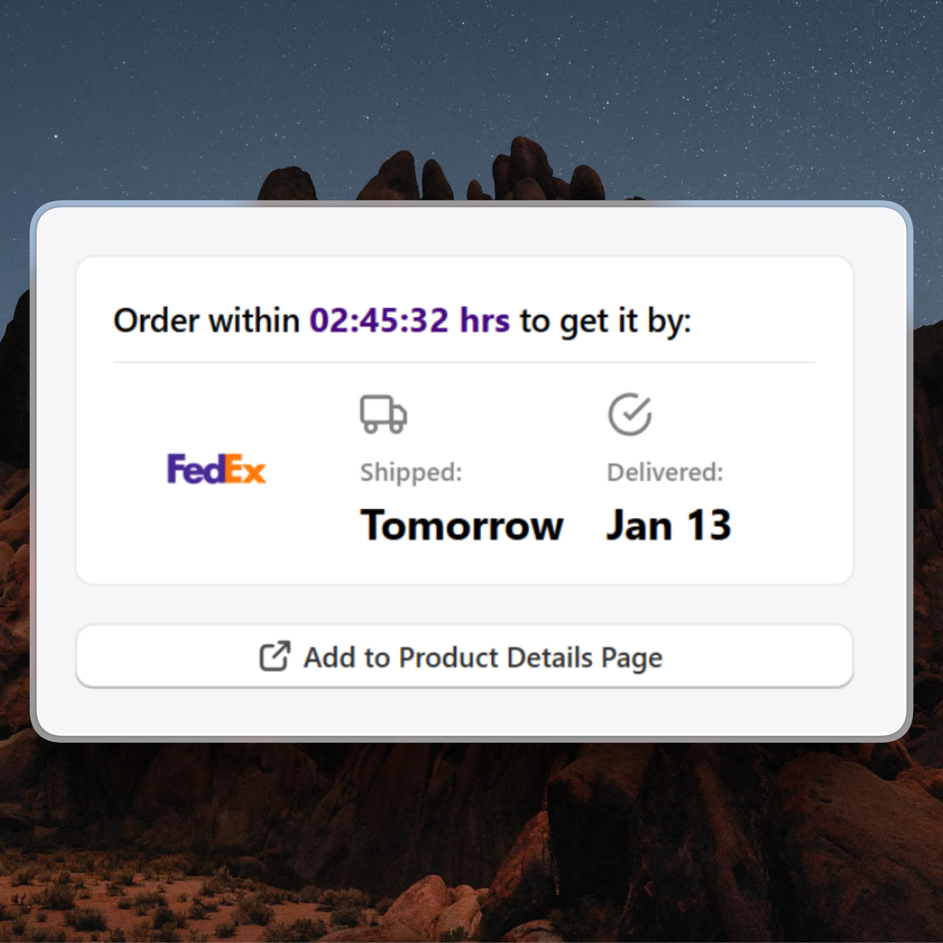 E-commerce product page widget displaying a shipping countdown timer and estimated delivery date via FedEx.