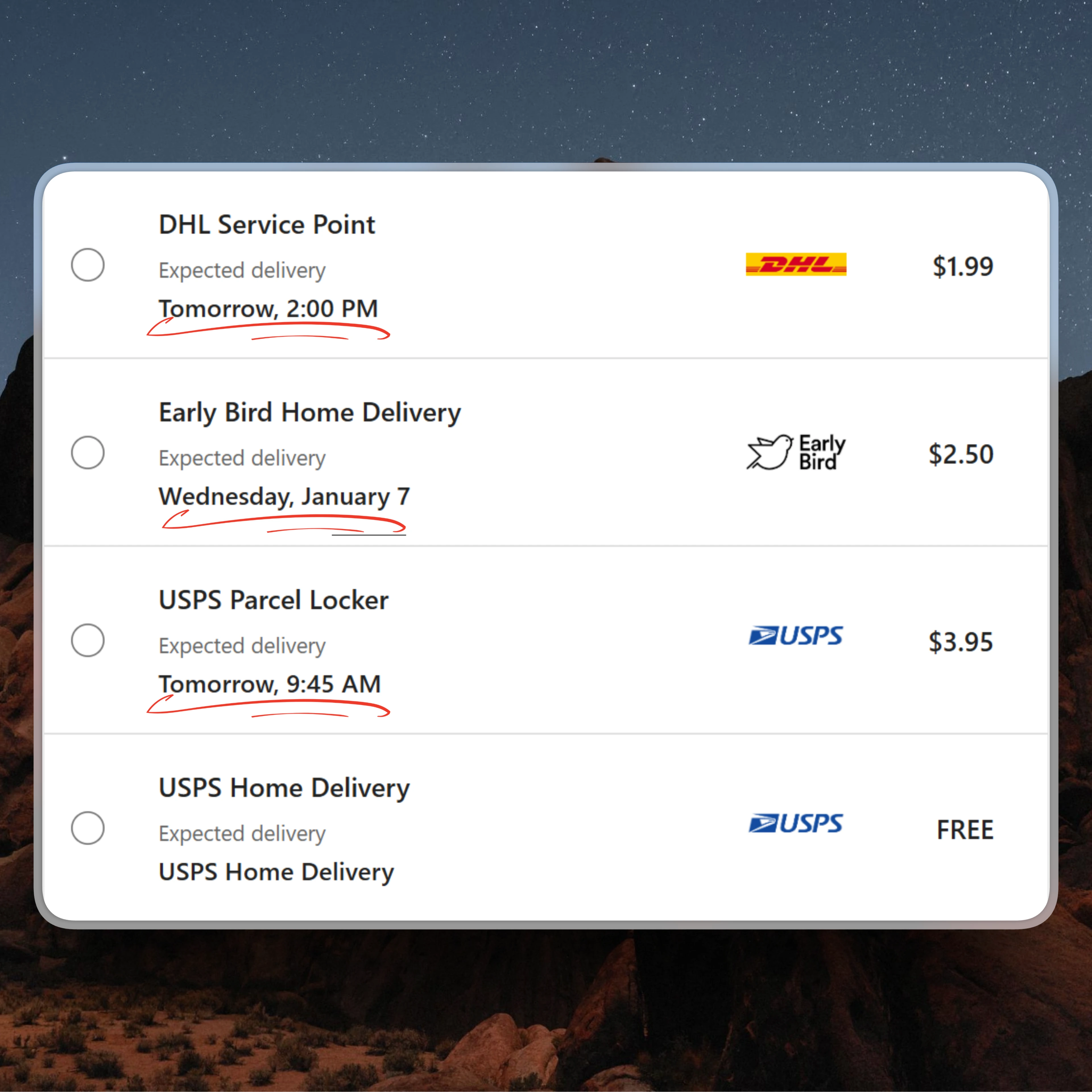 Checkout interface displaying real-time estimated delivery dates and shipping costs for carriers like DHL and USPS.