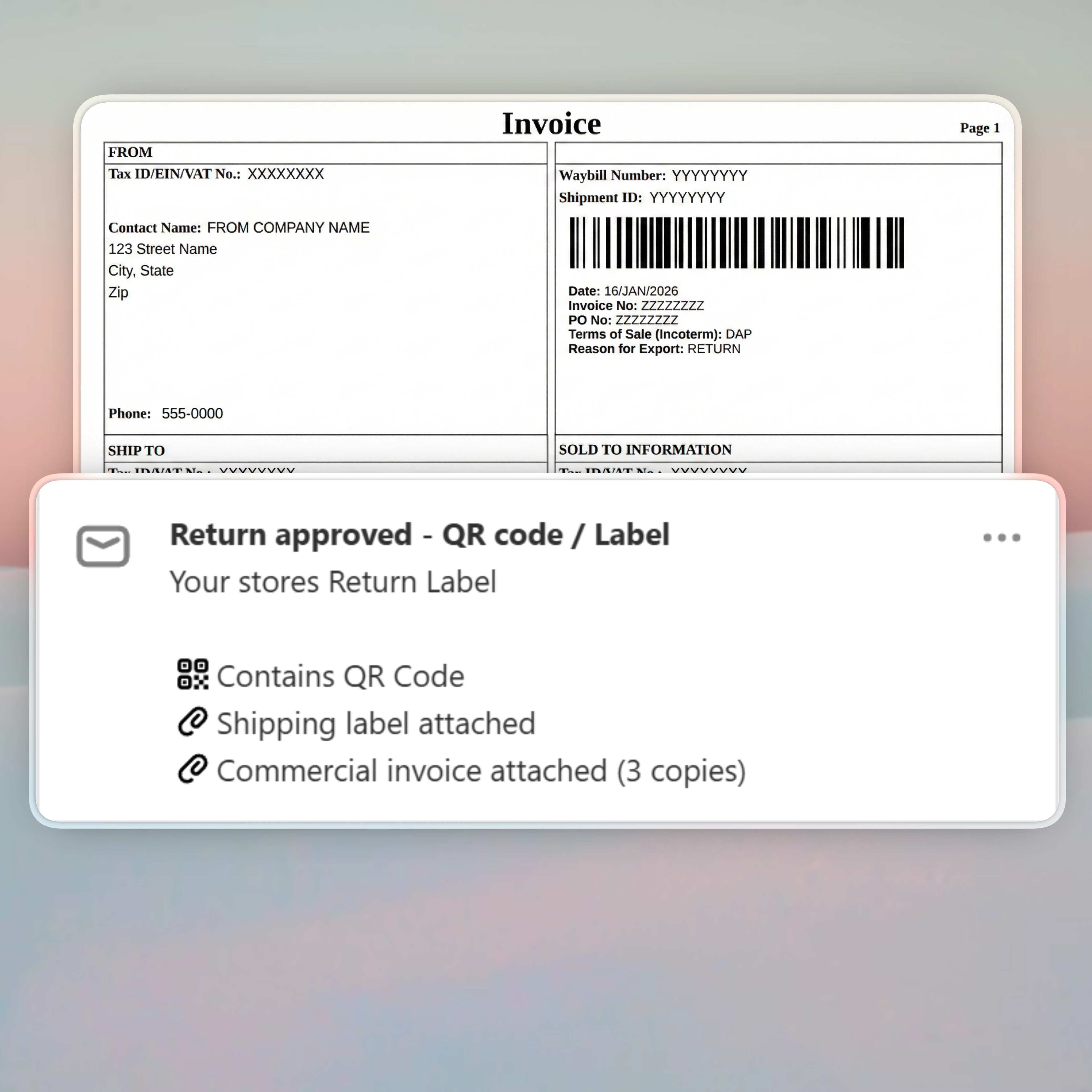 Automated international return shipping label and generated commercial customs invoice for cross-border e-commerce.
