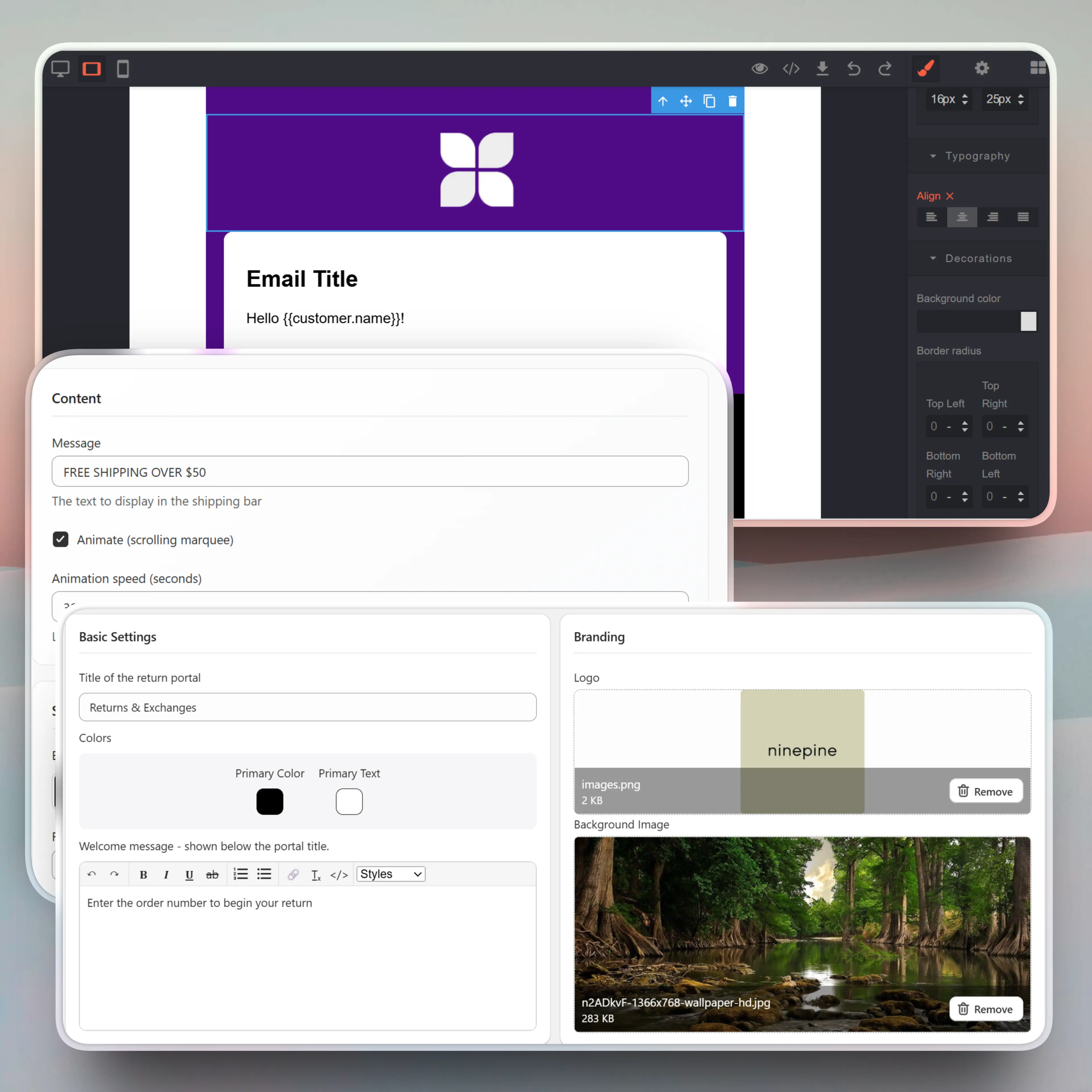 Design editor for customizing the branding, colors, and logos of a customer-facing e-commerce returns portal.