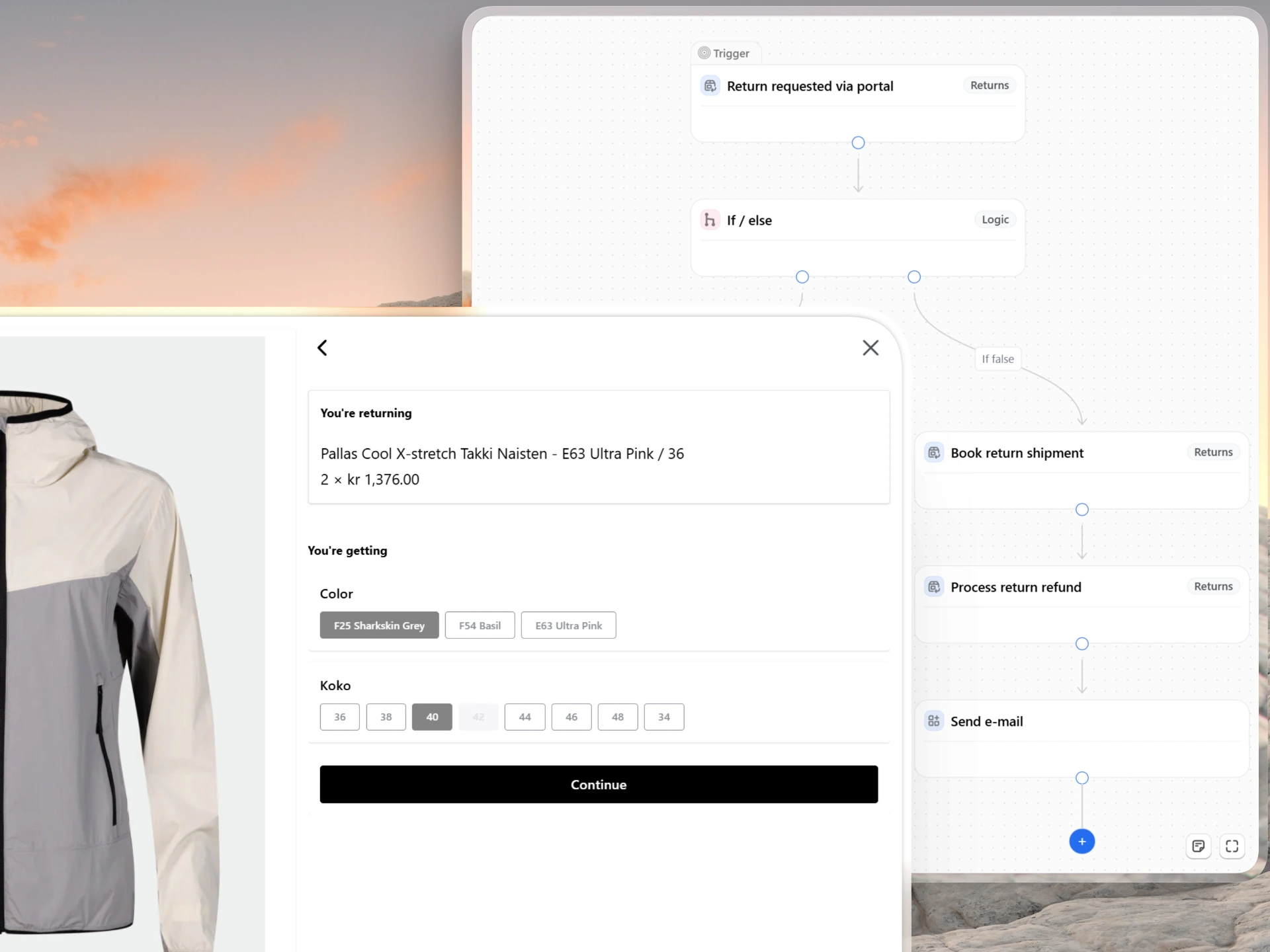 Omnichannel return interface allowing customers to seamlessly select product variants for instant exchanges.